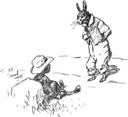 A black and white pen drawing of Brer Rabbit inspecting a tar baby resting against a rock.