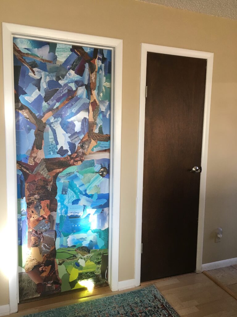 Two doors, the one on the left is a decoupage of a tree and the one on the right is a boring brown door.